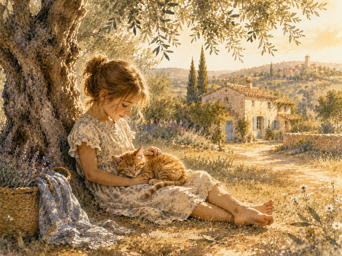 Petite fille assise sous un olivier avec un chaton roux endormi dans un paysage provençal baigné de lumière dorée.