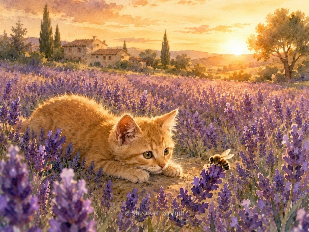 Chaton roux observant une abeille dans un champ de lavandes en Provence au coucher du soleil