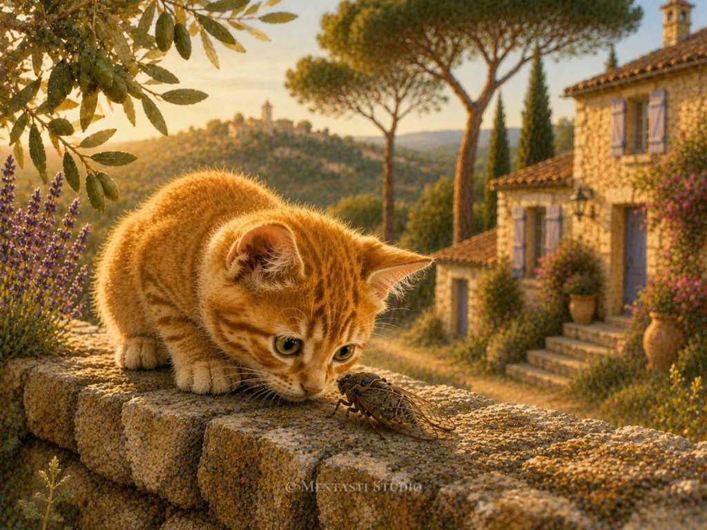 Chaton roux observant une cigale sur un muret de pierre dans un village provençal au coucher du soleil
