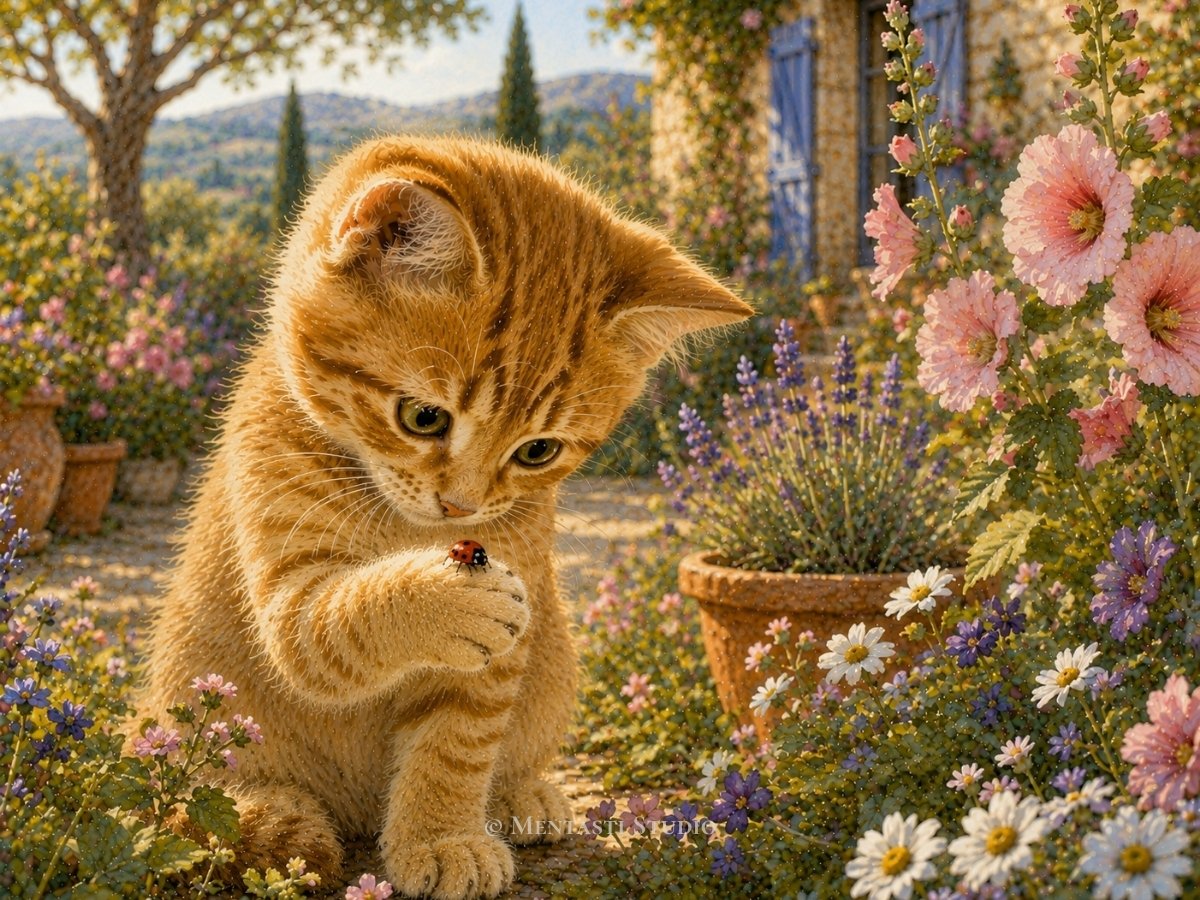 Jeune chaton roux observant une coccinelle posée sur sa patte dans un jardin fleuri de Provence