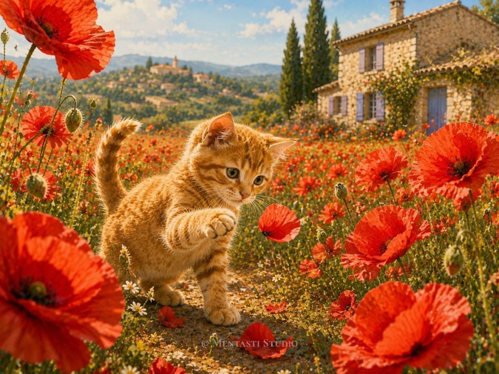 Jeune chaton roux jouant au milieu d'un champ de coquelicots dans la campagne provençale