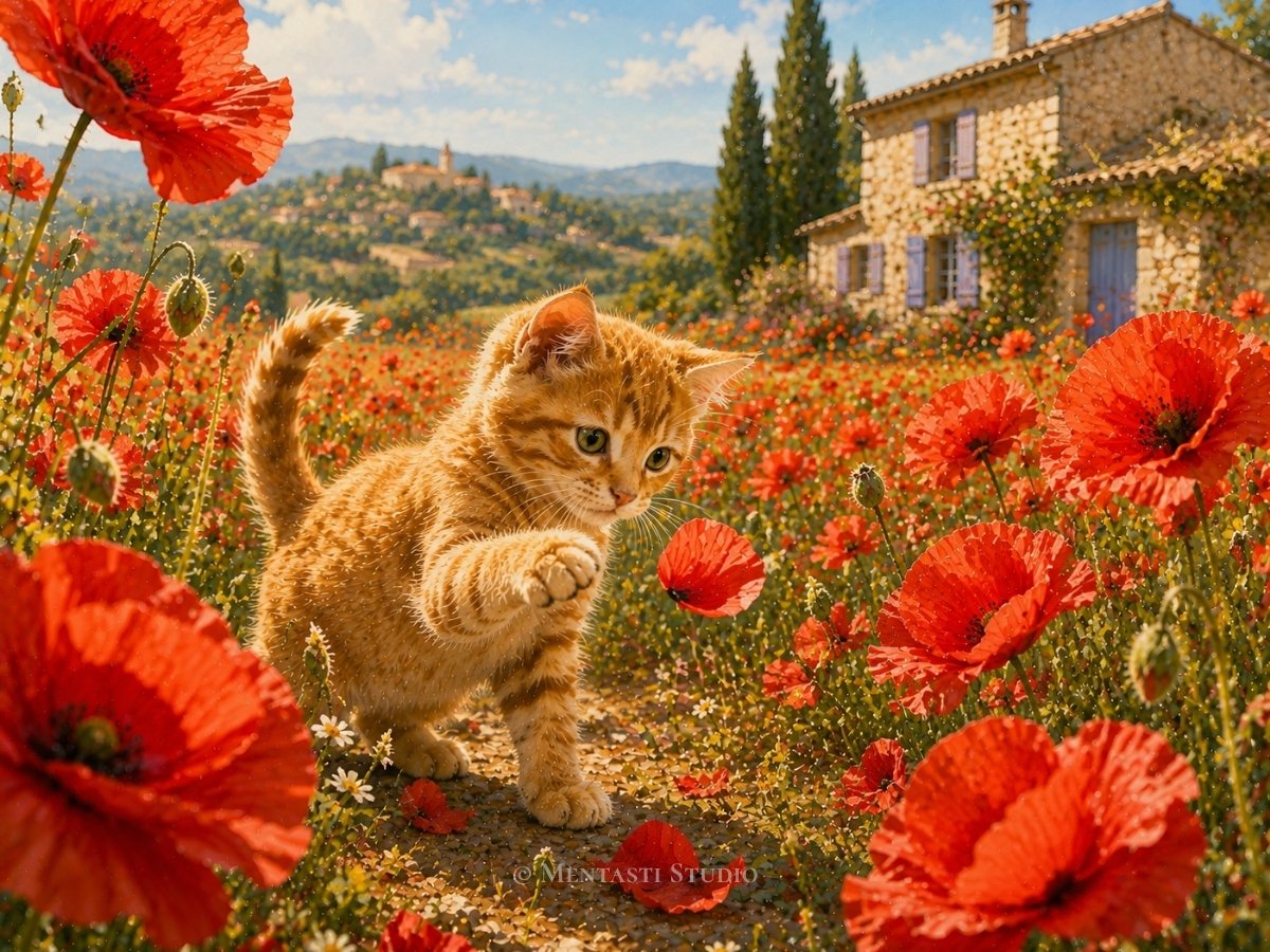 Jeune chaton roux jouant au milieu d'un champ de coquelicots dans la campagne provençale