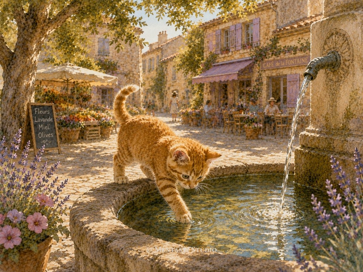 Chaton roux découvrant une fontaine de village provençal sous la lumière d'un après-midi d'été