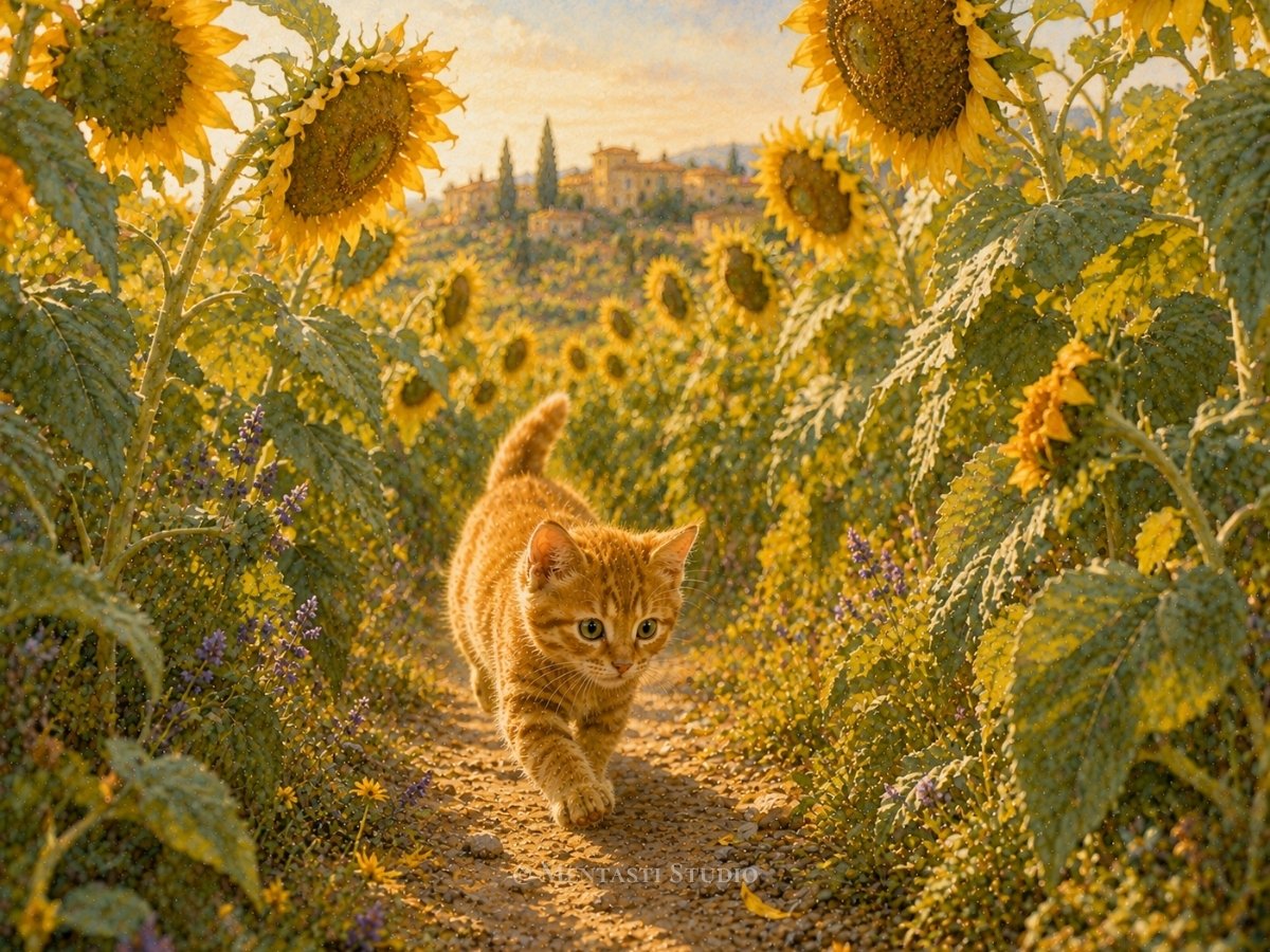Jeune chaton roux explorant un sentier bordé de grands tournesols dans la campagne provençale