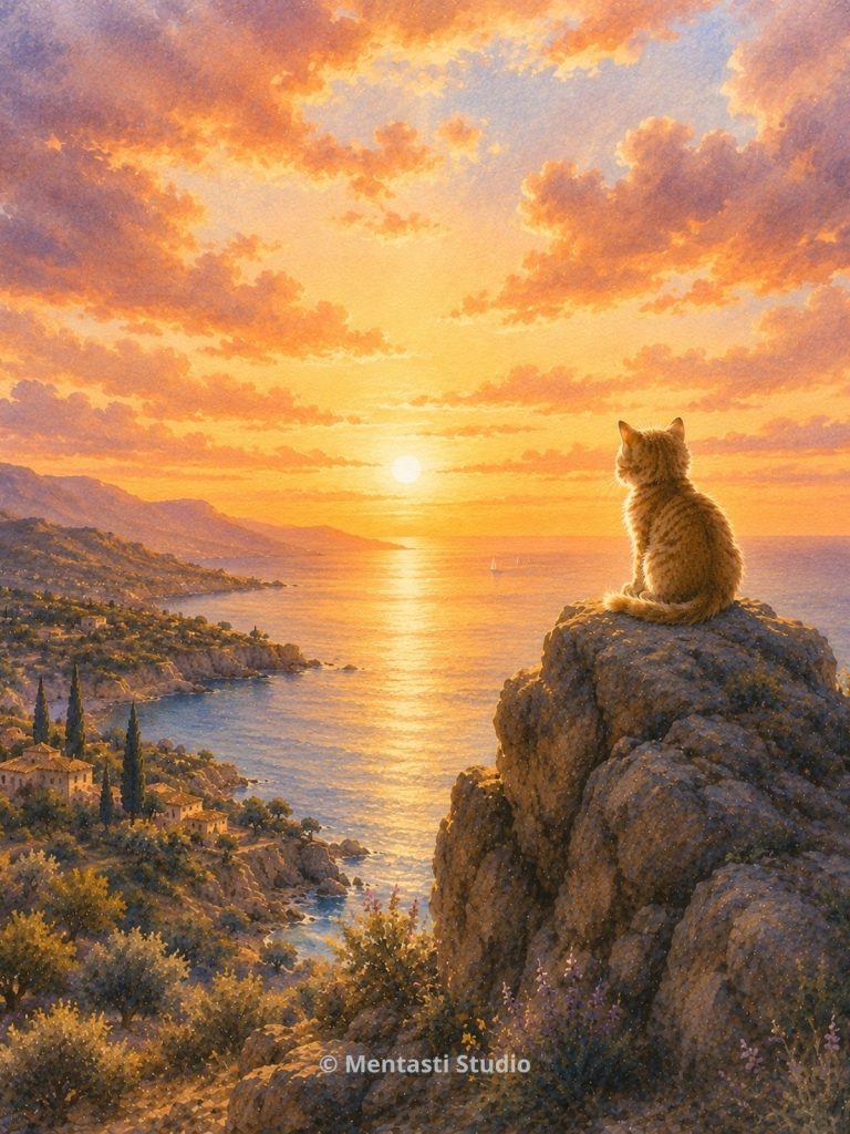 Chaton roux assis sur un rocher face à la Méditerranée au coucher du soleil, contemplant la mer et les côtes provençales baignées de lumière dorée.