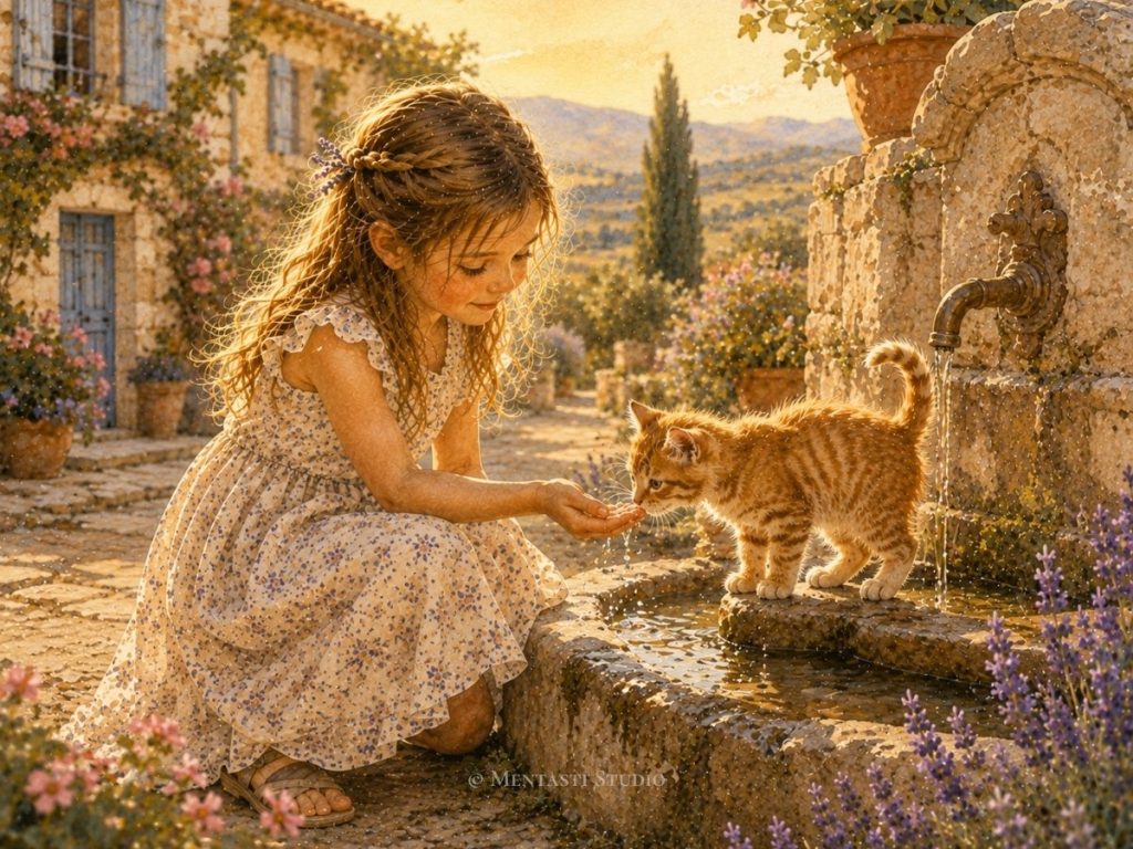 Petite fille donnant de l'eau à un chaton roux près d'une fontaine provençale, illustration aquarelle.