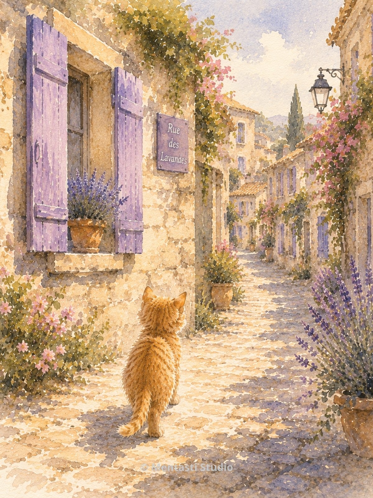 Chaton roux marchant dans une ruelle provençale bordée de lavande, de volets violets et de façades en pierre baignées de lumière.
