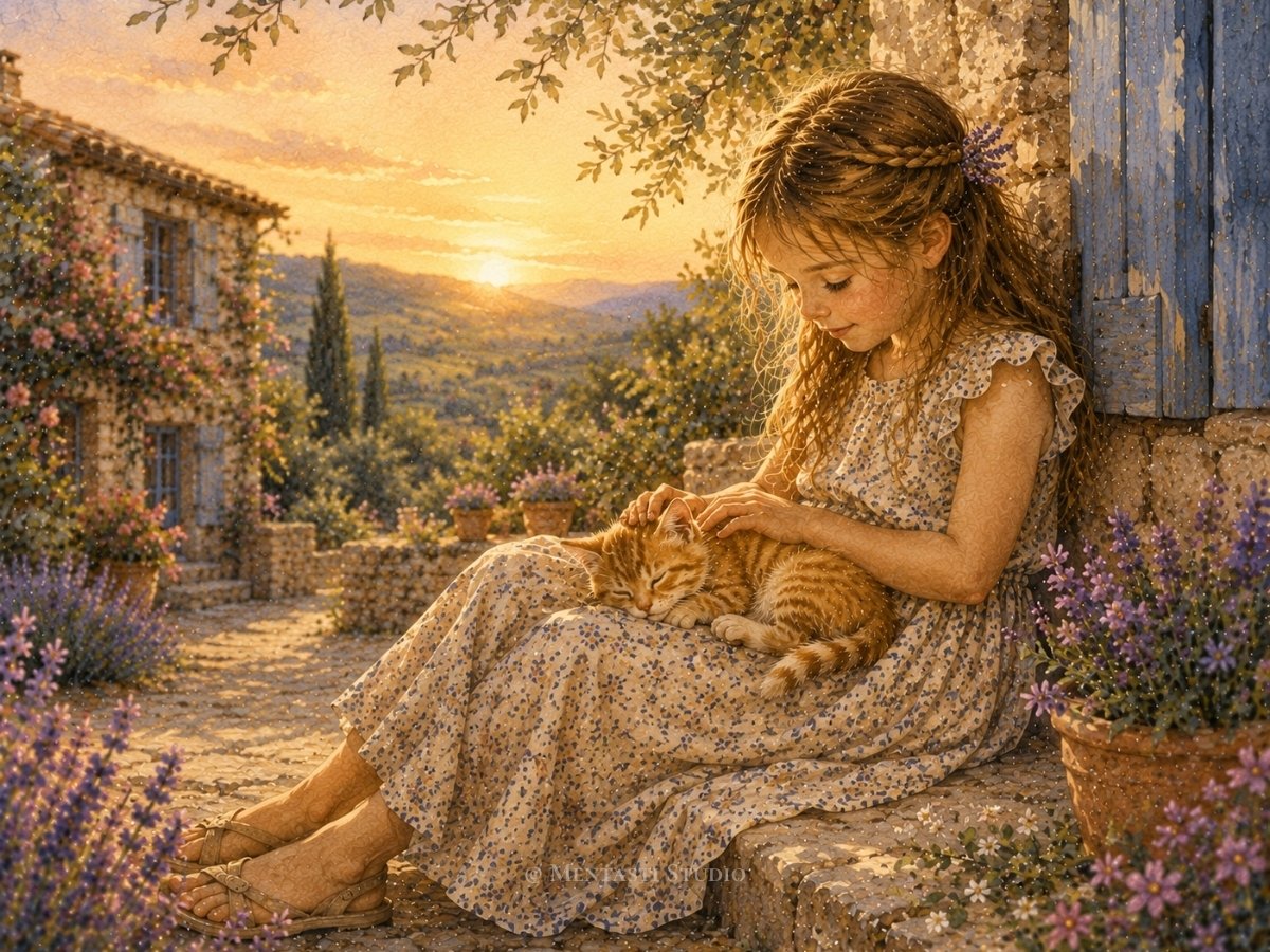 Petite fille caressant un chaton roux endormi devant une maison provençale au coucher du soleil, illustration aquarelle.