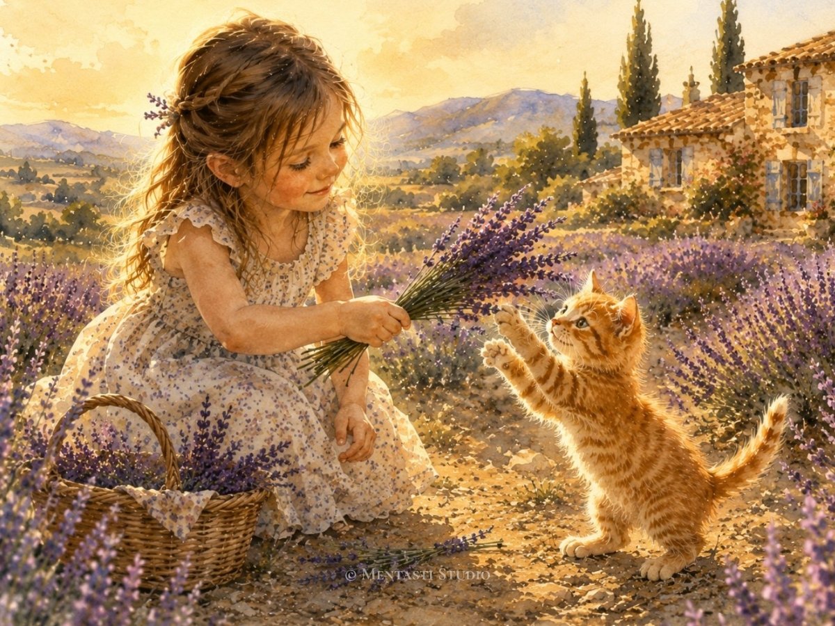 Petite fille tenant un bouquet de lavande dans un champ provençal avec un chaton roux jouant parmi les fleurs, aquarelle originale.