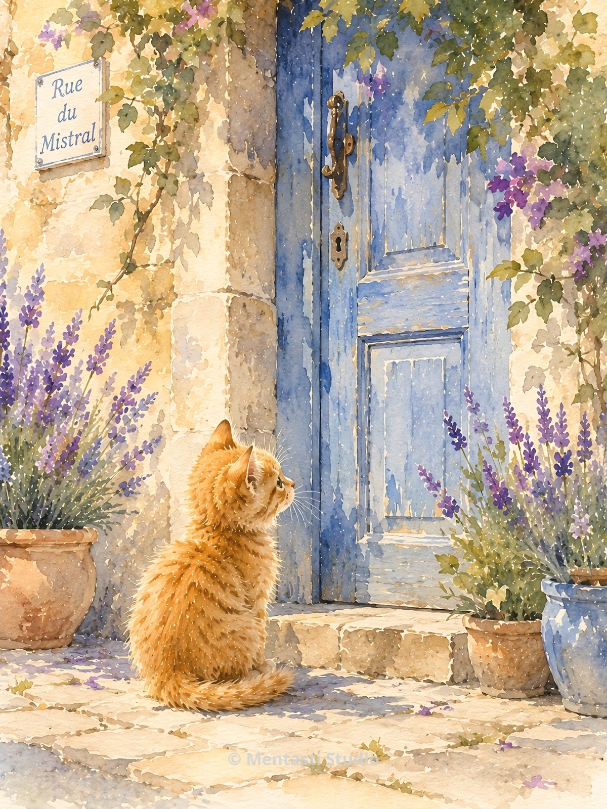 Chaton roux assis devant une porte bleue provençale entourée de lavande en fleurs dans un village du sud de la France.