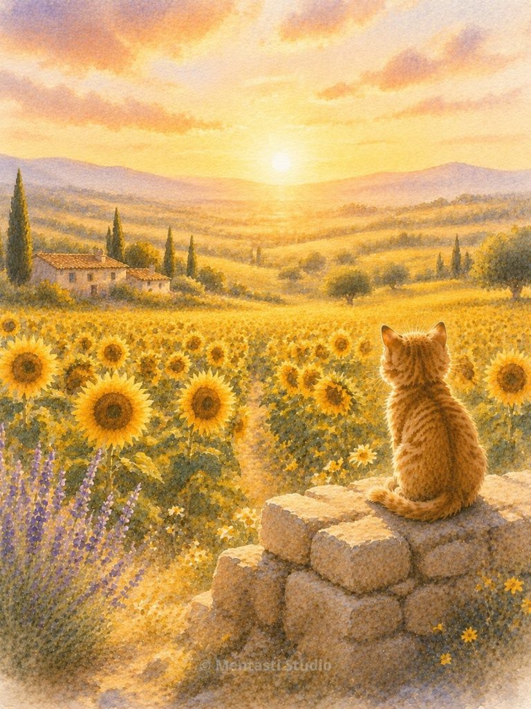 Chaton roux contemplant un champ de tournesols au coucher du soleil dans les paysages de Provence.