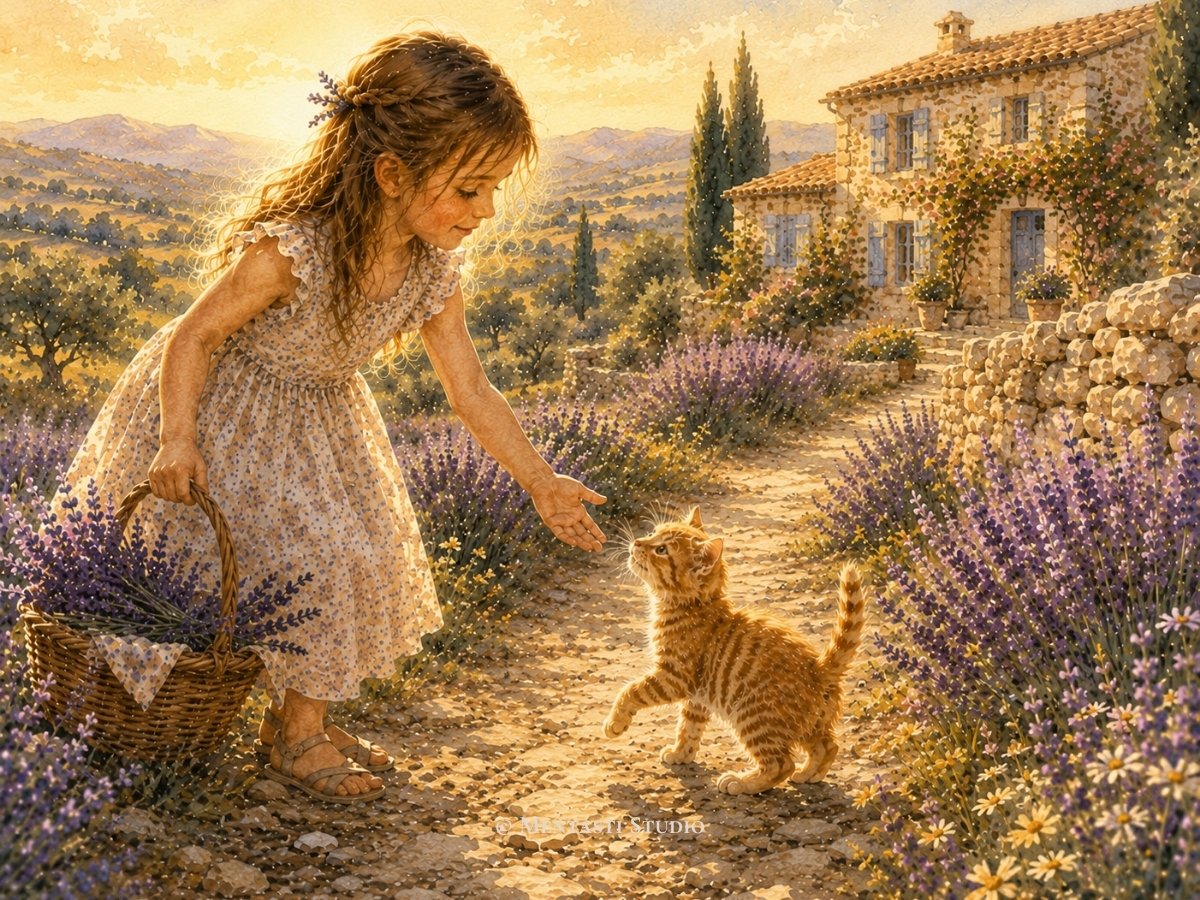 Petite fille marchant sur un chemin provençal avec un chaton roux devant un mas traditionnel, illustration aquarelle.