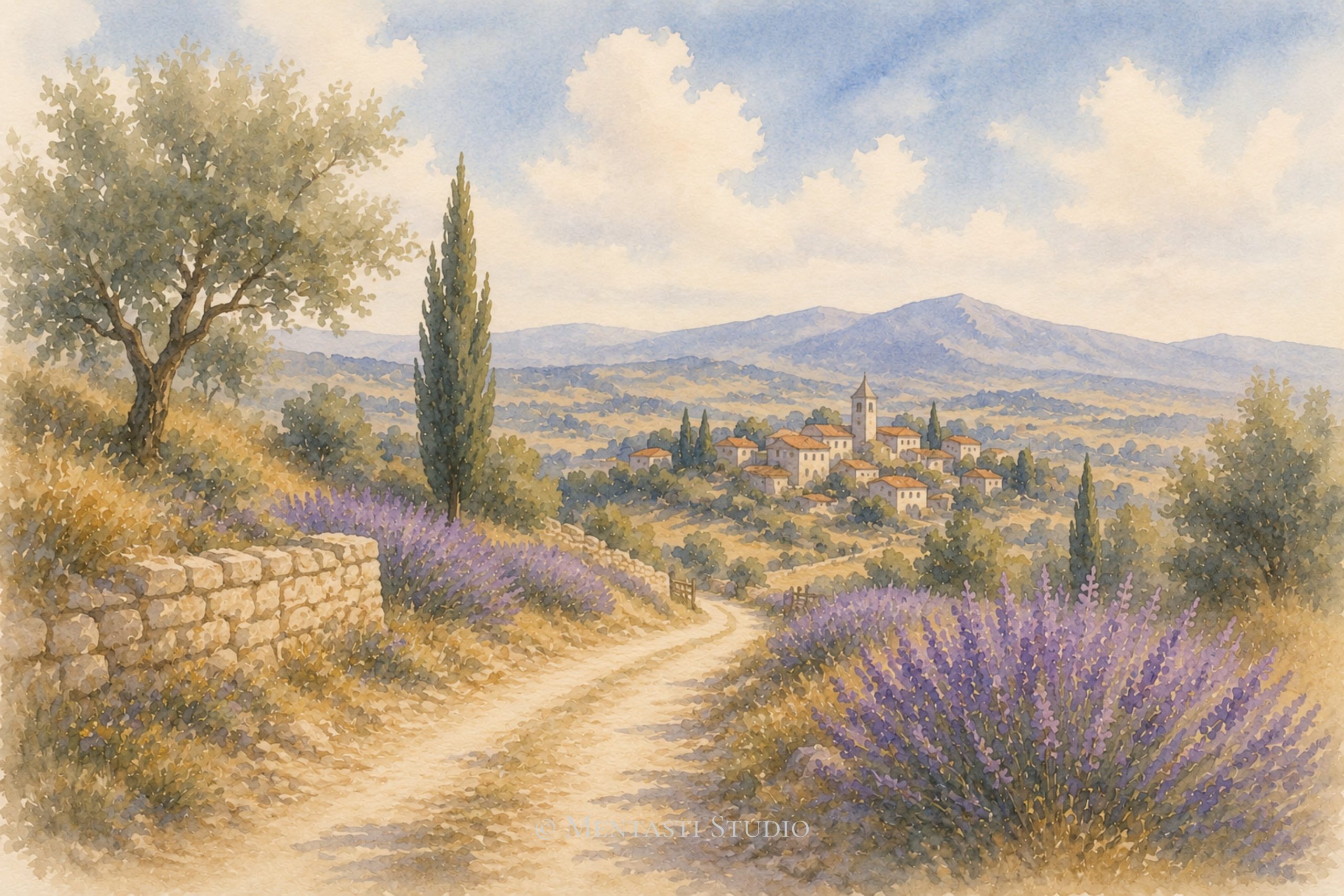 Aquarelle représentant un chemin provençal bordé de lavandes menant vers un village perché sous le ciel de Provence.