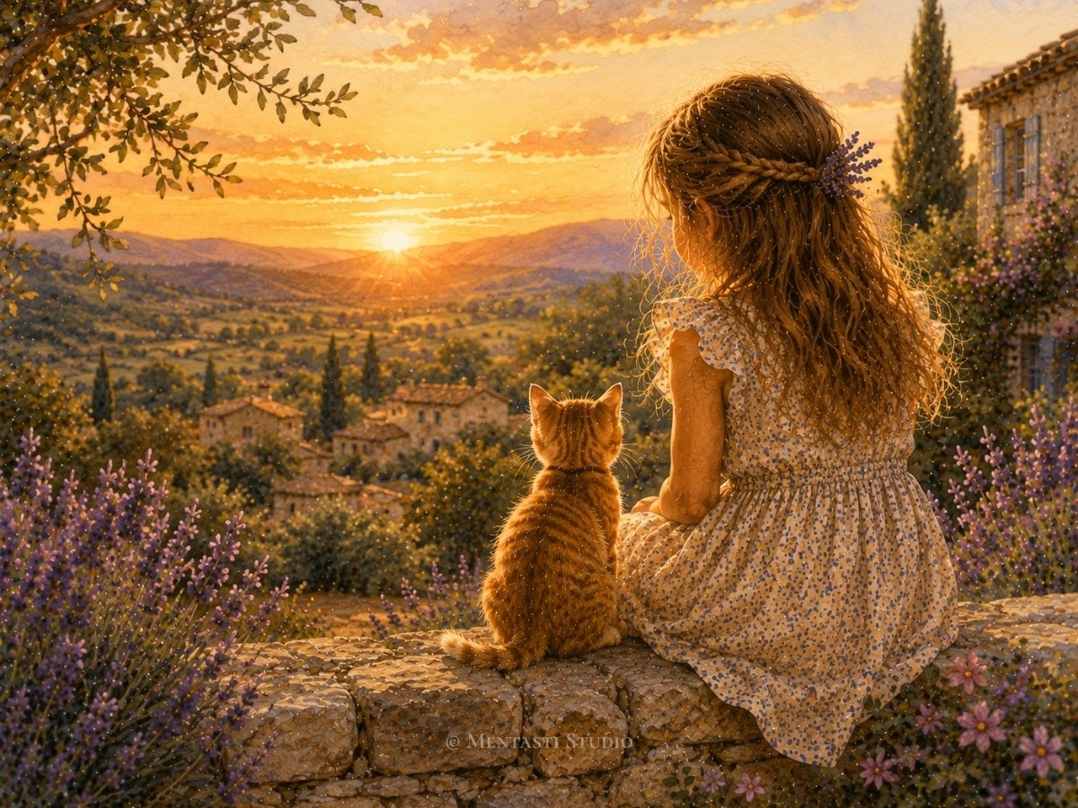 Petite fille assise avec un chaton roux admirant un coucher de soleil sur les collines de Provence, illustration aquarelle.