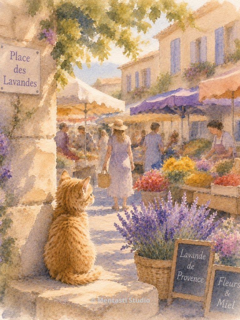 Chaton roux observant l'animation d'un marché provençal entouré de lavande, fleurs et produits locaux sous le soleil du sud de la France.