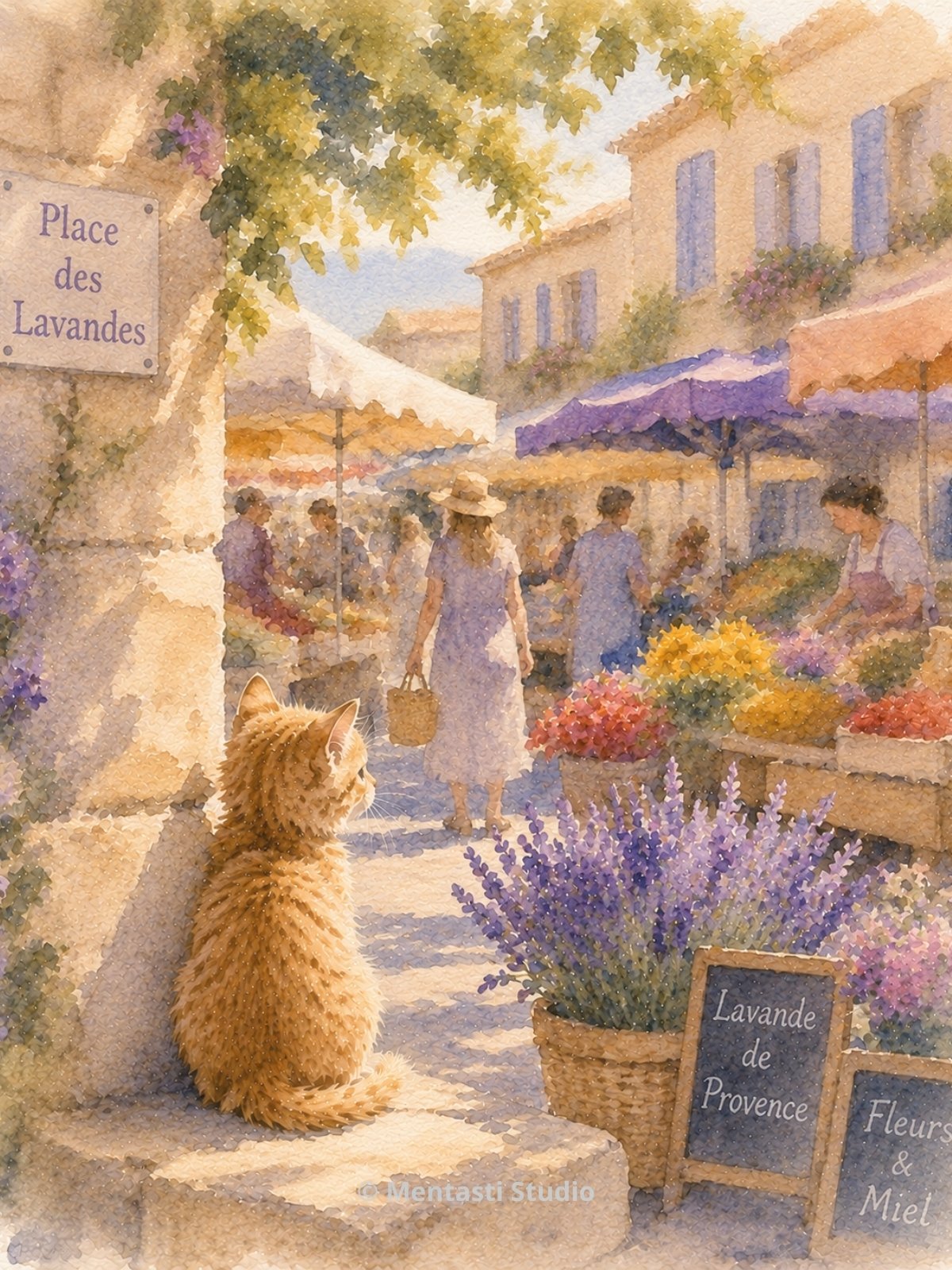 Chaton roux observant l'animation d'un marché provençal entouré de lavande, fleurs et produits locaux sous le soleil du sud de la France.