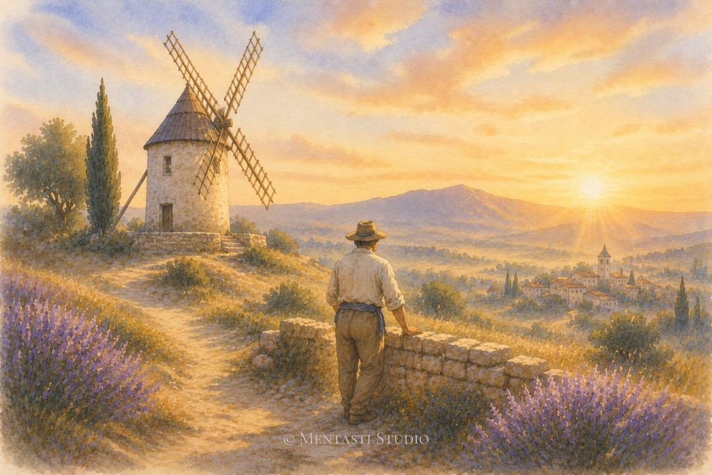 Le meunier au lever du soleil contemplant un village provençal depuis un moulin traditionnel dans un paysage de lavande.