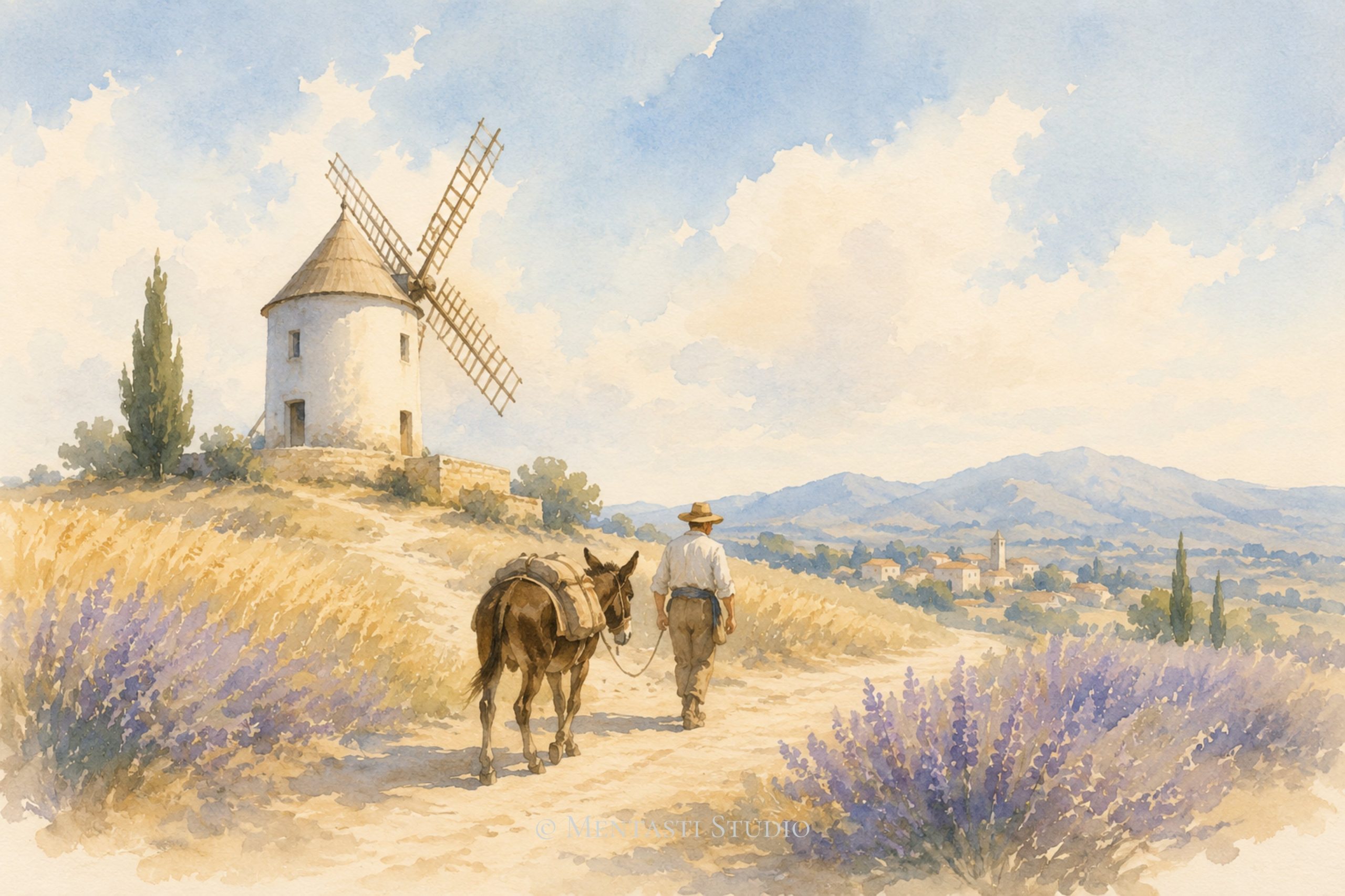 Impression digitale, style aquarelle représentant un meunier marchant avec sa mule sur un chemin de Provence, entre champs de lavande et moulin traditionnel.