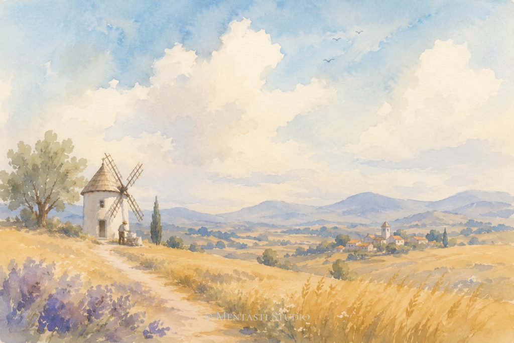 Aquarelle d'un moulin provençal dominant une vallée baignée de lumière sous un ciel d'été, inspirée de la Provence d'Alphonse Daudet.