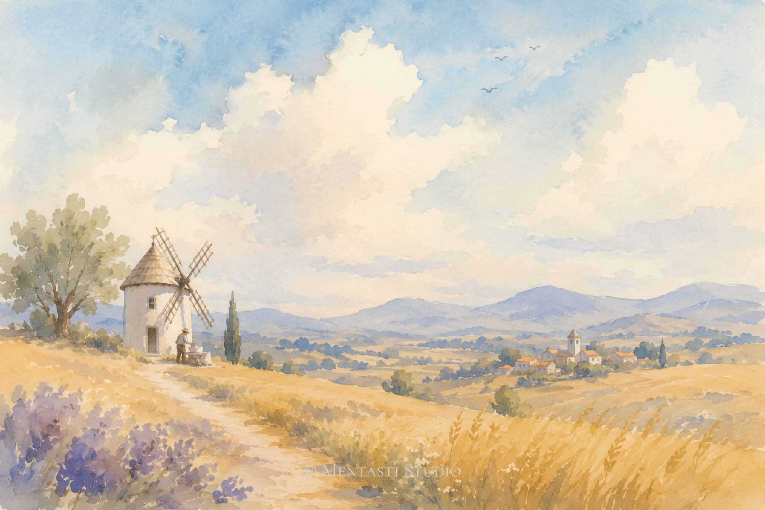 Aquarelle d'un moulin provençal dominant une vallée baignée de lumière sous un ciel d'été, inspirée de la Provence d'Alphonse Daudet.