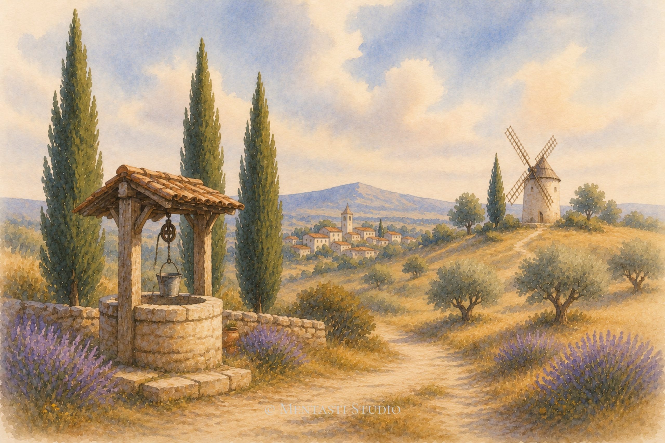 Aquarelle provençale représentant un ancien puits en pierre entouré de cyprès, avec un moulin et un village provençal en arrière-plan.