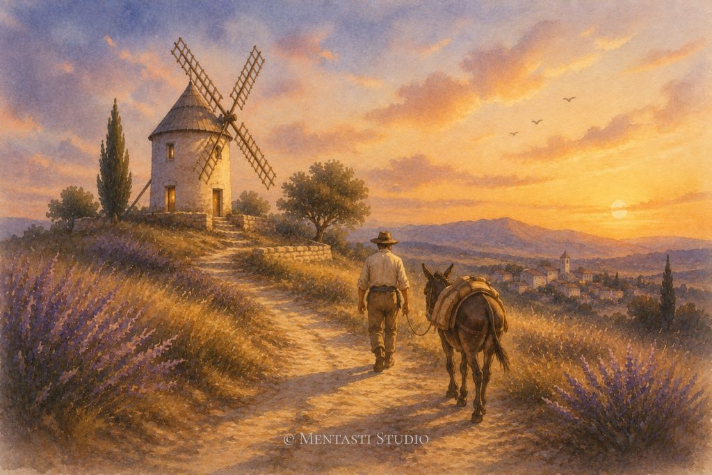 Le retour au moulin au crépuscule, aquarelle représentant un meunier et sa mule rejoignant un moulin provençal au coucher du soleil.