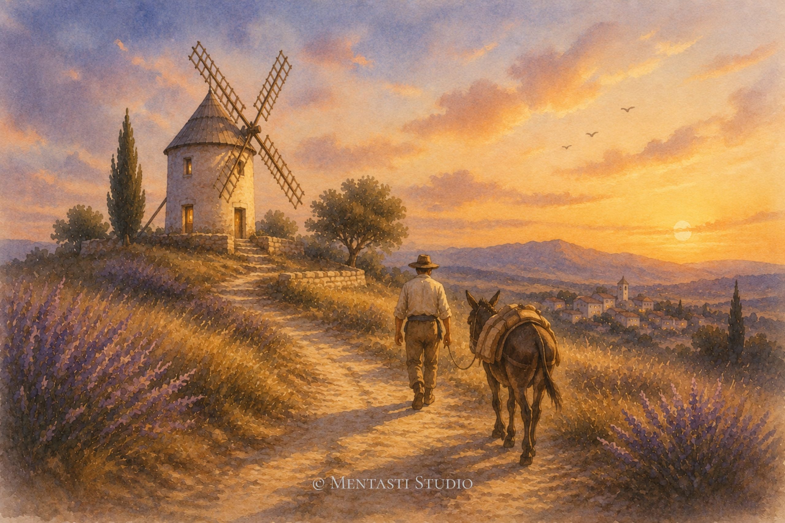 Le retour au moulin au crépuscule, aquarelle représentant un meunier et sa mule rejoignant un moulin provençal au coucher du soleil.