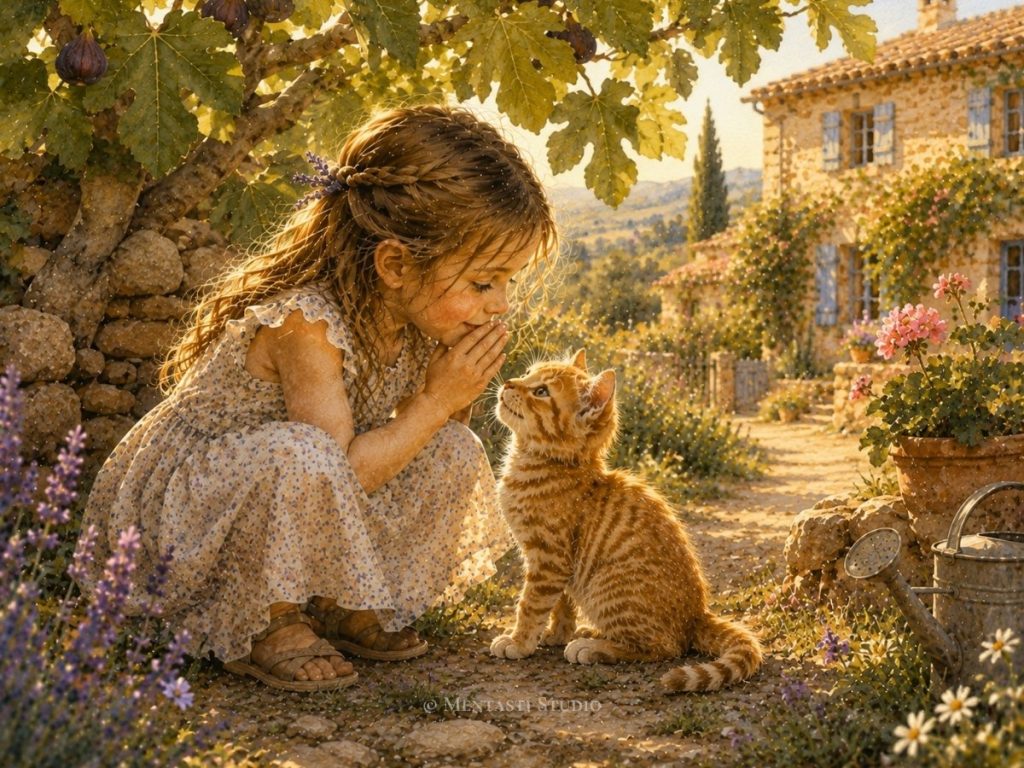 Petite fille chuchotant un secret à un chaton roux dans un jardin provençal sous un figuier, illustration aquarelle.