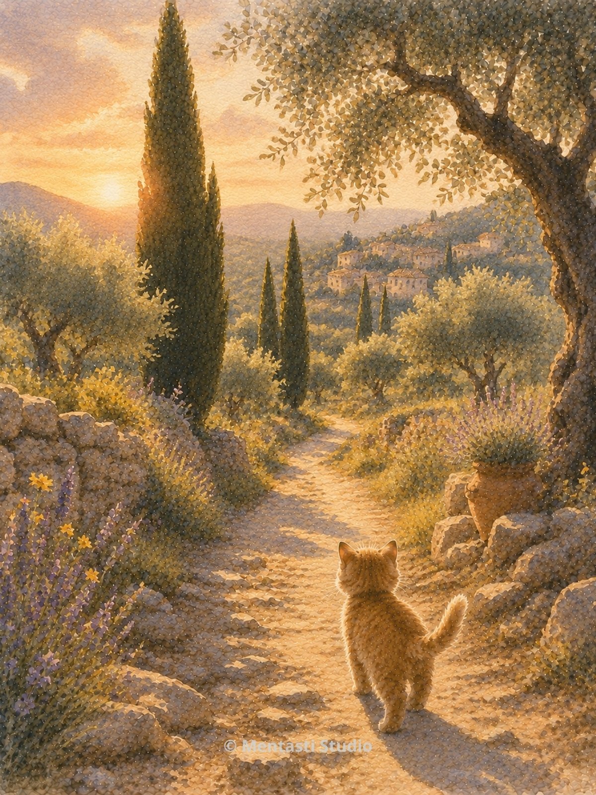 Chaton roux marchant sur un sentier provençal bordé de lavandes et d’oliviers au coucher du soleil.