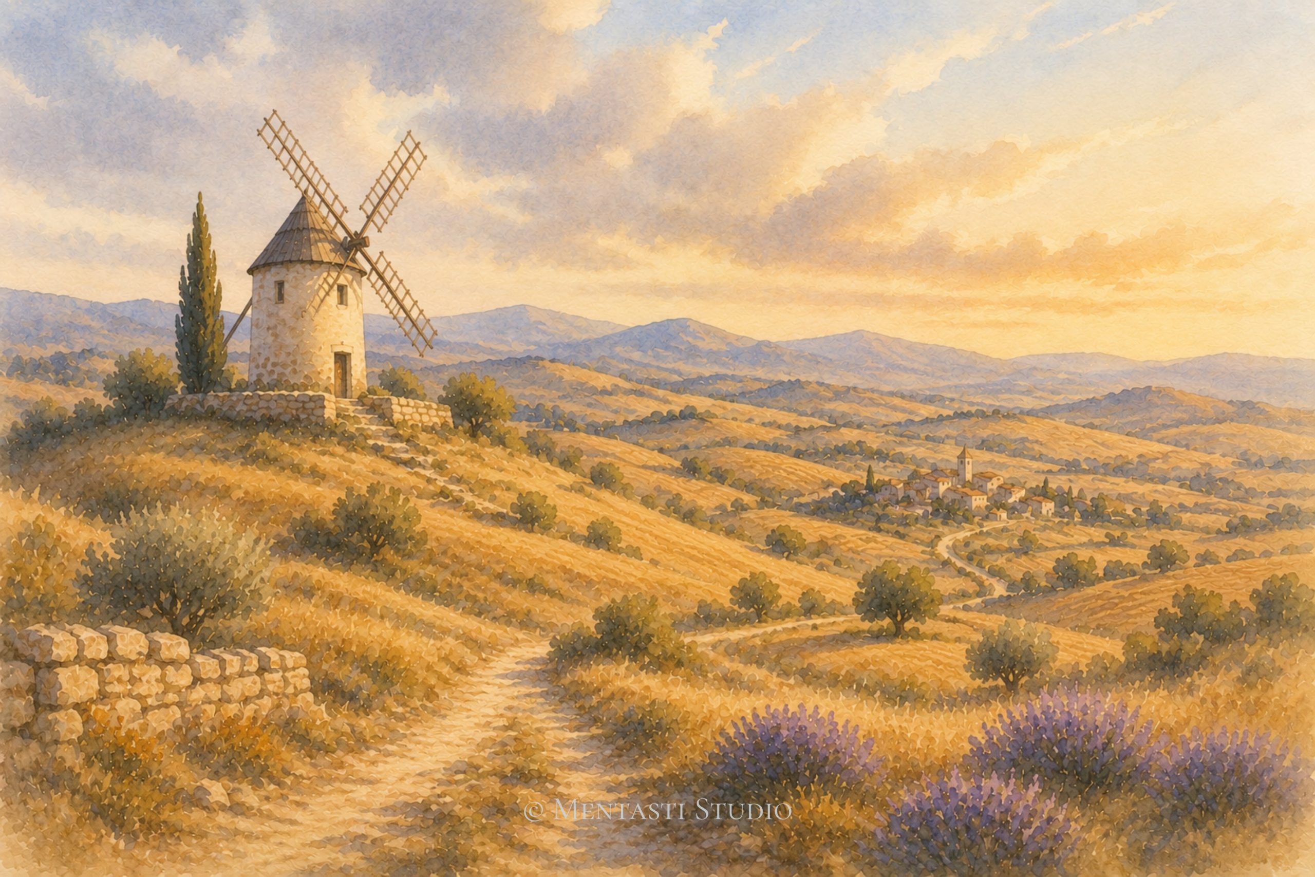 Aquarelle représentant un moulin provençal dominant les collines dorées de Provence sous une lumière de fin de journée.