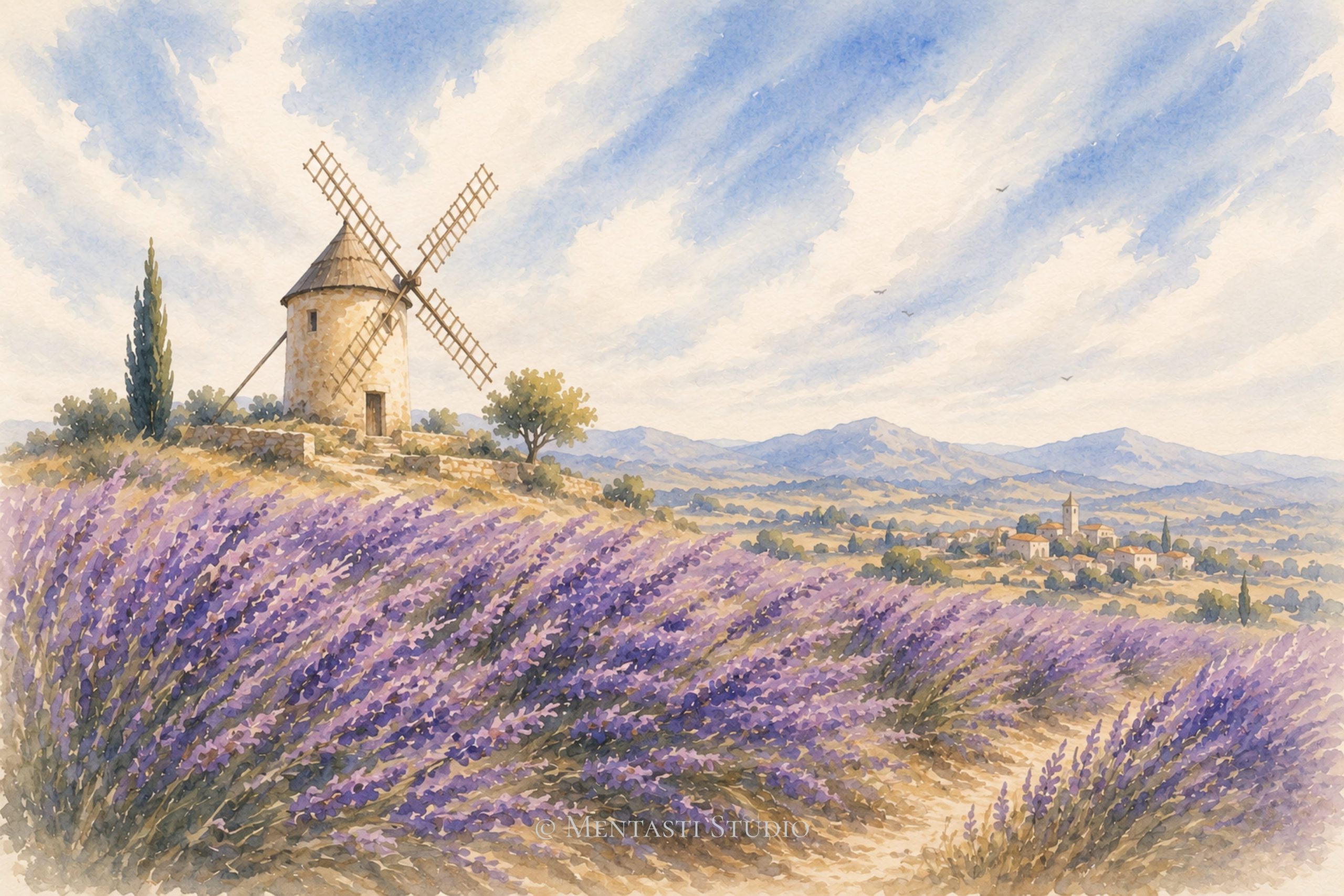 Aquarelle représentant un moulin provençal entouré de champs de lavande en fleurs sous un ciel lumineux de Provence.
