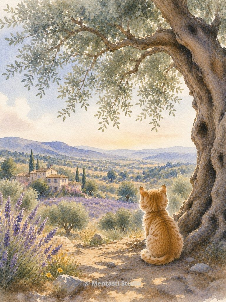 Chat roux observant un paysage provençal depuis l'ombre d'un olivier centenaire, avec champs de lavande et collines en arrière-plan.