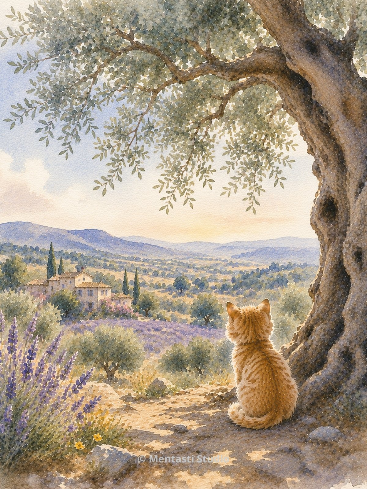 Chat roux observant un paysage provençal depuis l'ombre d'un olivier centenaire, avec champs de lavande et collines en arrière-plan.