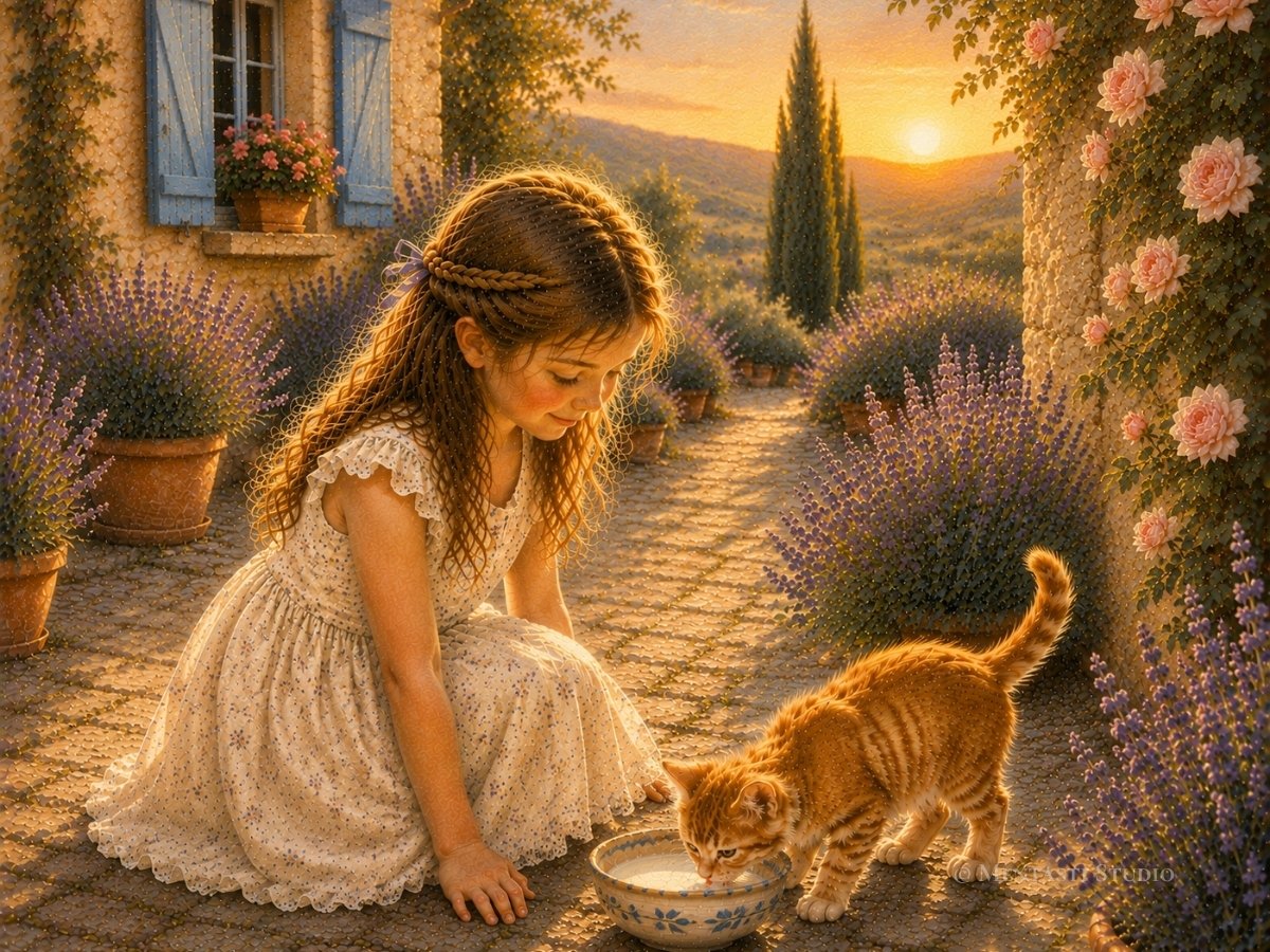 Le Bol de lait – Une fillette offre un bol de lait à un chaton roux dans un village provençal au coucher du soleil. Illustration artistique de Mentasti Studio.provençal au coucher du soleil. Illustration artistique de Mentasti Studio.