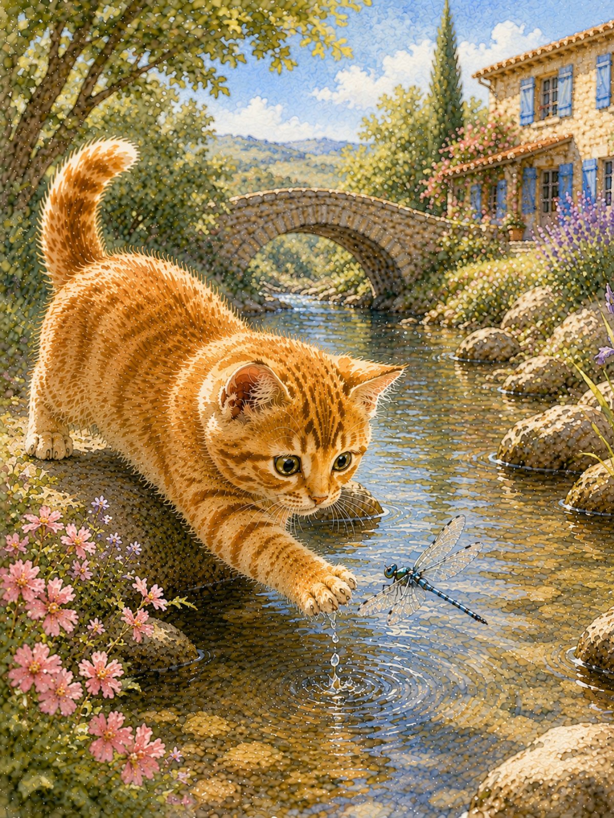 Chaton roux jouant avec une libellule au bord d'un ruisseau provençal sous un petit pont de pierre