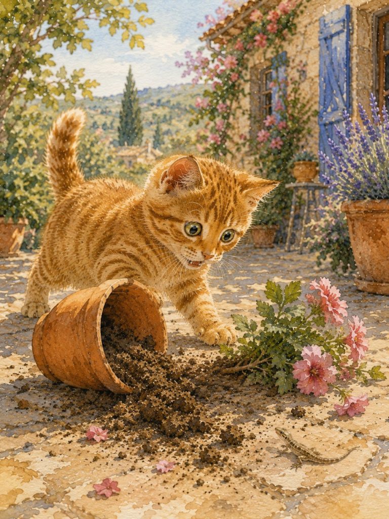 Jeune chaton roux surpris par un petit lézard dans un jardin provençal après avoir renversé un pot de fleurs