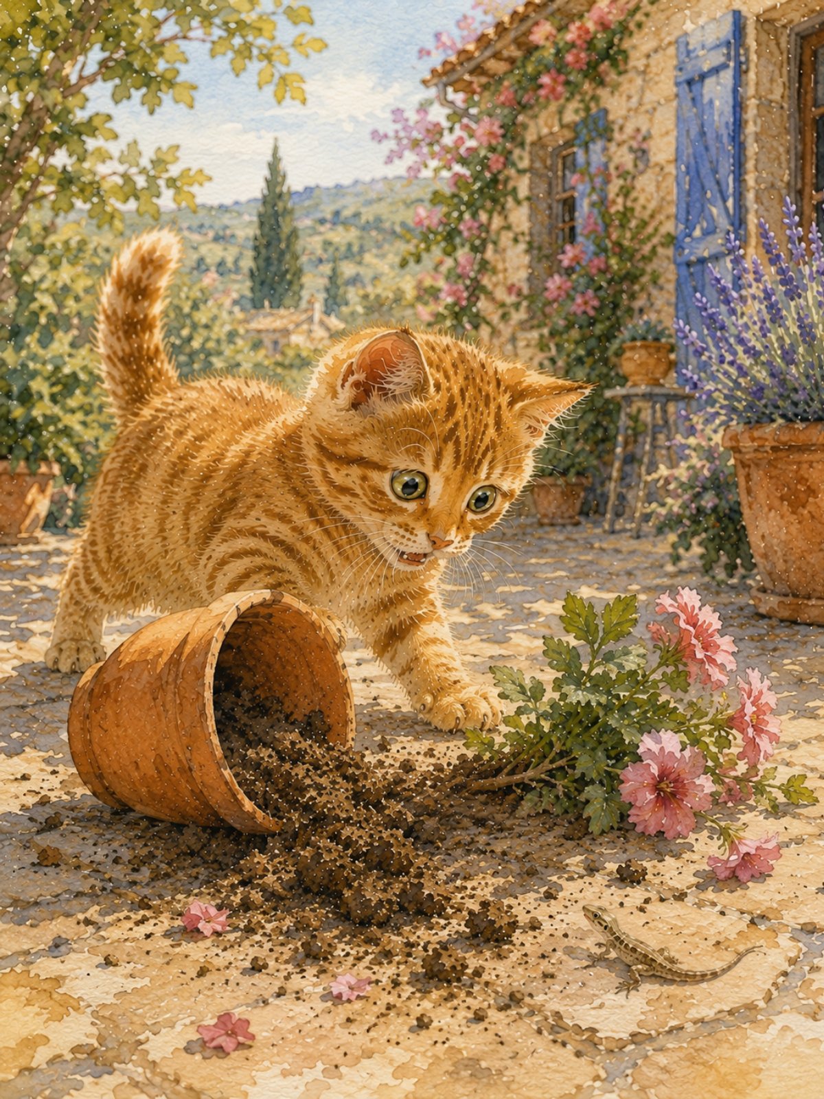 Jeune chaton roux surpris par un petit lézard dans un jardin provençal après avoir renversé un pot de fleurs