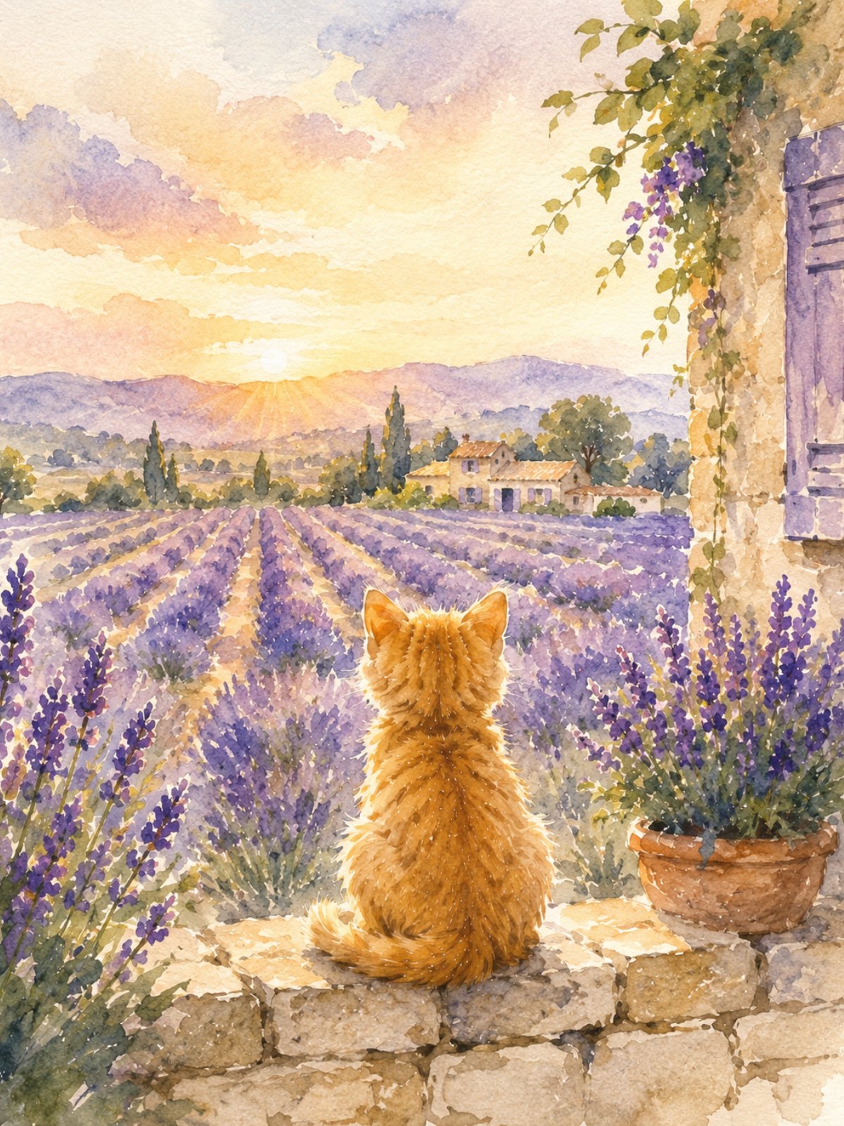 Aquarelle d'un petit chaton roux de dos assis sur un muret de pierre, regardant un champ de lavande en Provence au lever du soleil.